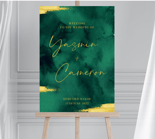 Emerald and Gold Wedding Welcome Board Sign, Green and Gold Hen Party Stag Do Welcome Sign, Gold Leaf Effect Wedding Welcome Sign