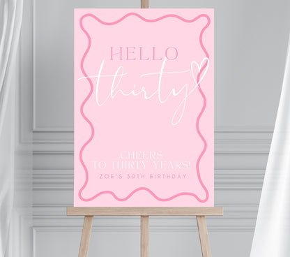 Pink Wavy Party Welcome Sign Customisable Modern Wave Border 30th Birthday Party Welcome Sign Pink and White Squiggle Sign A1 A2 A0 Sign