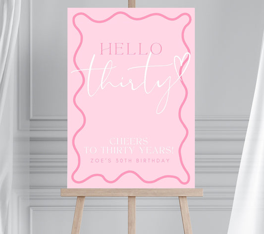 Pink Wavy Party Welcome Sign Customisable Modern Wave Border 30th Birthday Party Welcome Sign Pink and White Squiggle Sign A1 A2 A0 Sign