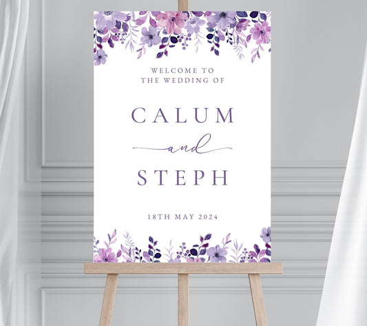 Lilac Floral Rose Wedding Welcome Sign, Purple Flower Wedding Welcome Sign, Wildflower Wedding Welcome Sign, Flowery Wedding Welcome Sign