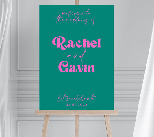 Retro Style Green and Pink Wedding Welcome Sign, Alternative Wedding Sign, Modern Funky Disco Wedding Sign, Disco Hen Party Sign