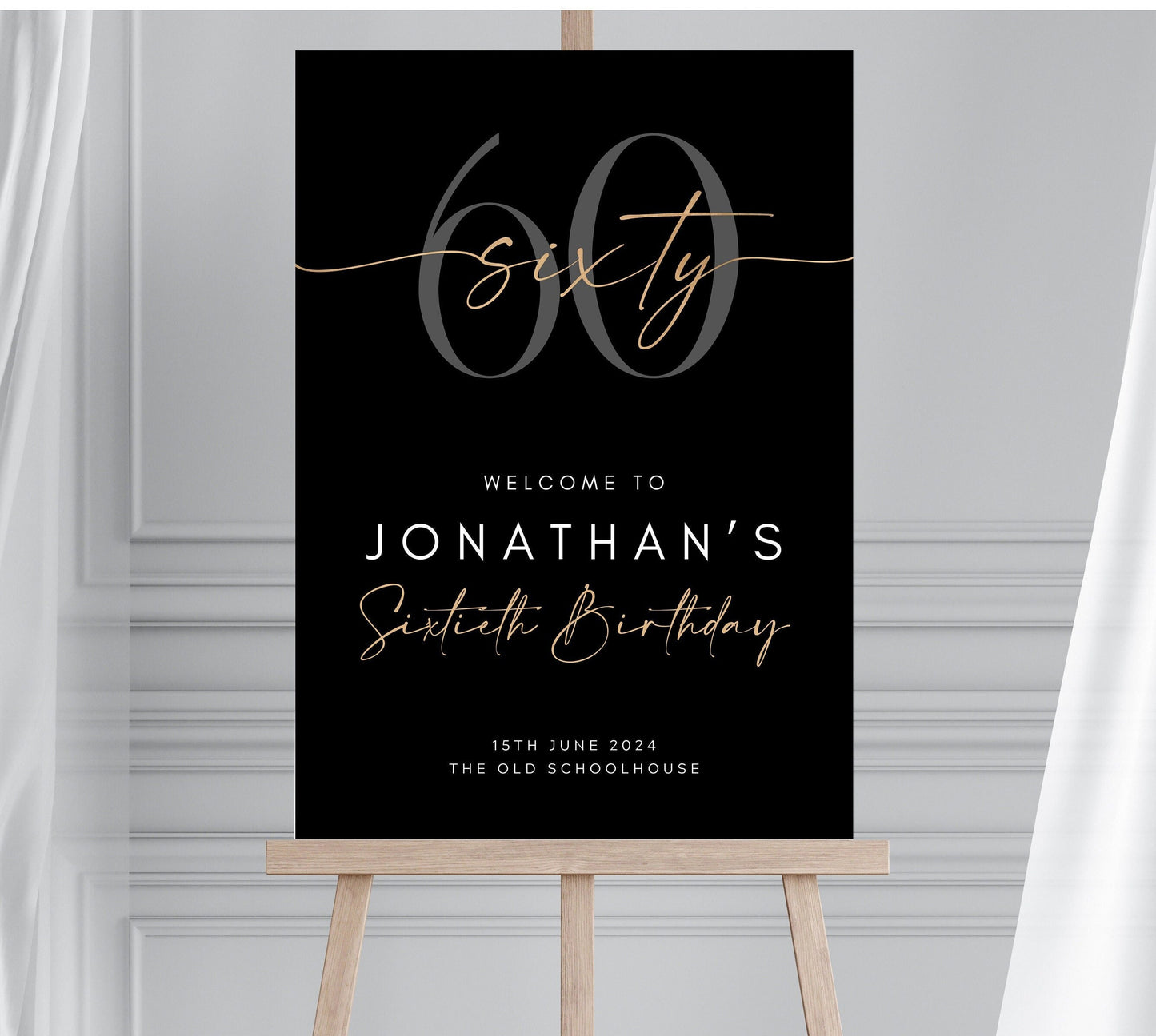 60th Birthday Welcome Sign, Birthday Welcome Sign for Him, Look Who's 60, Sixty Birthday Poster, Black and Gold 40th 50th 60th Birthday