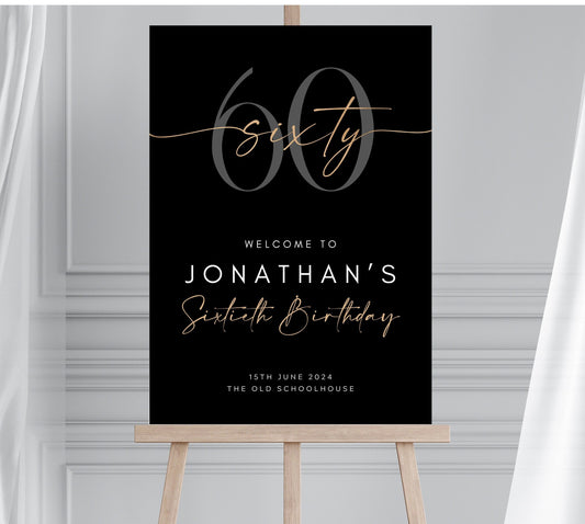 60th Birthday Welcome Sign, Birthday Welcome Sign for Him, Look Who's 60, Sixty Birthday Poster, Black and Gold 40th 50th 60th Birthday