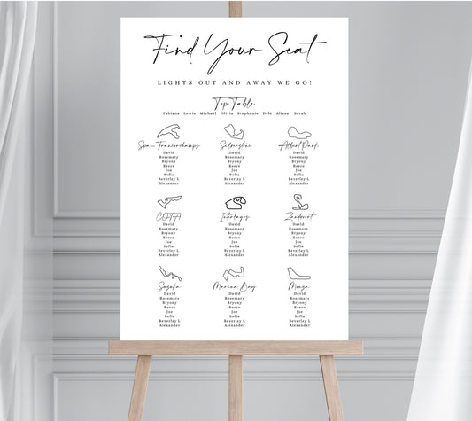 F1 RACETRACK THEMED Wedding Table Plan, Grand Prix Seating Chart, Formula 1 Table Plan, Race Car Themed Wedding, Race Track Wedding Sign