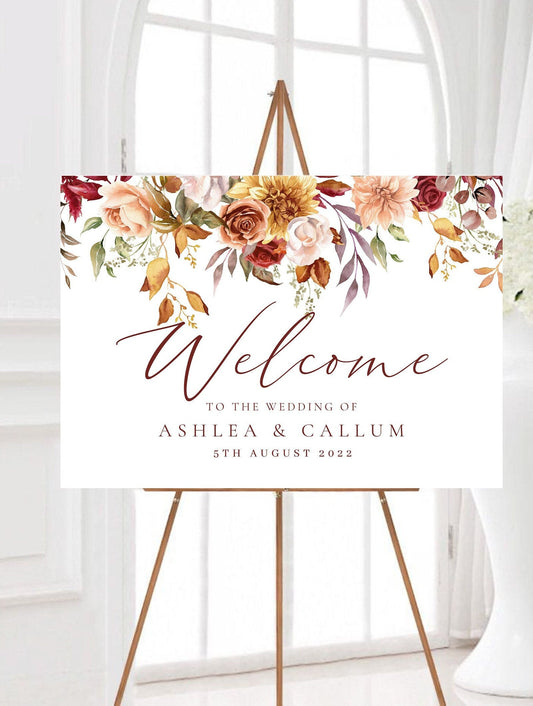 Autumn Floral Wedding Welcome Sign, Autumnal Wedding Welcome Sign, Autumnal Wedding Welcome Sign, Personalised Wedding Welcome Sign Fall