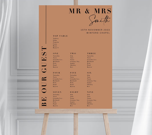 Minimalist Wedding Table Plan, Black and Brown Seating Chart, Tan Nude Seating Plan, Modern Seating Plan, Monochrome Seating Plan