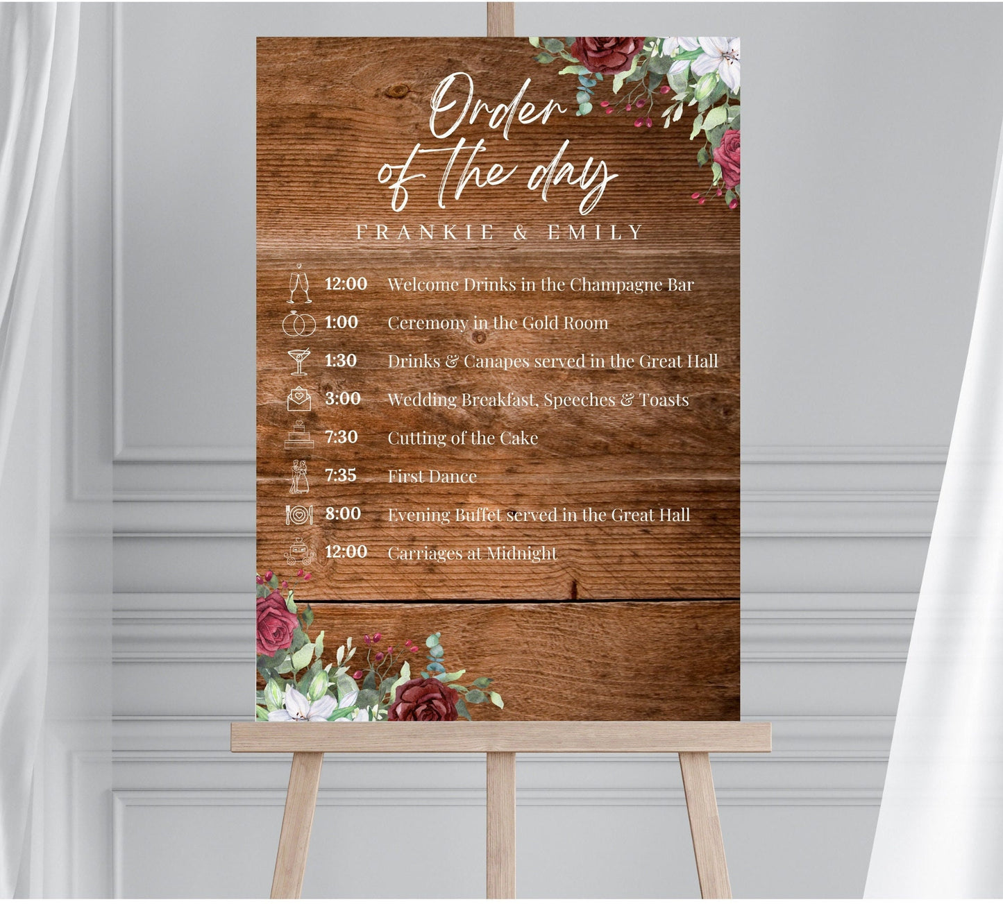 WOODEN EFFECT Wedding Order of The Day, Rustic Order of Events, Wooden Wedding Timeline Board, Matching Wedding Signs