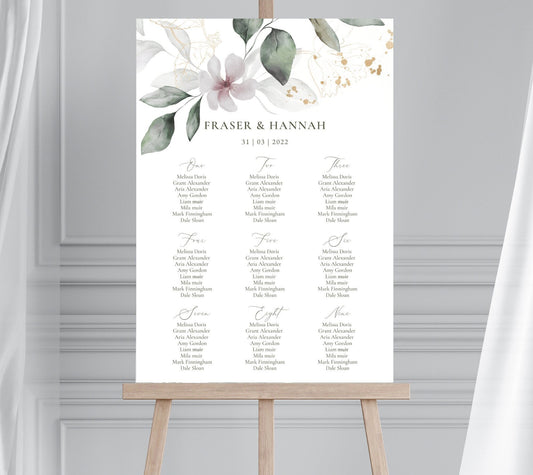 Sage Green Gold Wedding Table Plan, Greenery Eucalyptus Wedding Decor Seating Chart, Foliage and Gold Seating Plan