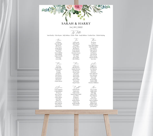 Pink Floral and Eucalyptus Wedding Table Plan, Greenery Eucalyptus Wedding Decor Seating Chart, Foliage and Pink Seating Chart