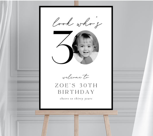 30th Birthday Welcome Sign, Photo Birthday Welcome Sign, Look Who's 30, Birthday Poster with Photo, Black and White 40th 50th 60th Birthday