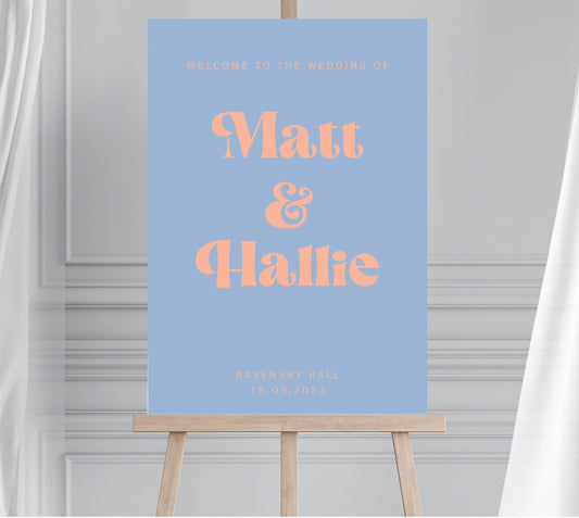 Retro Style Dusty Blue and Peach Wedding Welcome Sign, Groovy 70s Wedding Sign, Blue and Orange Disco Wedding Sign, Retro Disco Hen Party