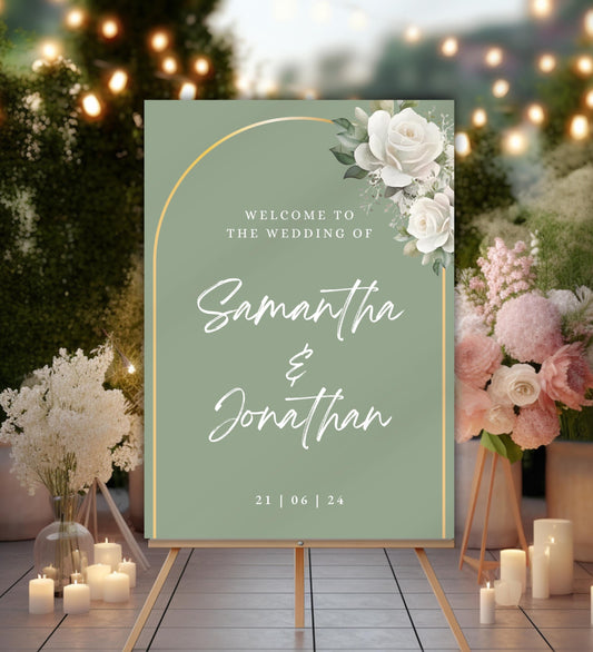 Sage and Gold Foliage Welcome Sign, Eucalyptus and Gold Wedding Sign, Greenery Gold Welcome Sign, Sage Wedding Sign