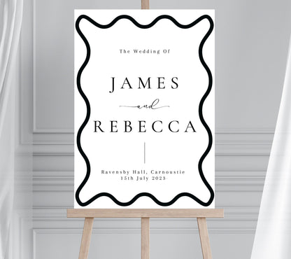 Monochrome Wave Wedding Welcome Sign, Modern Wedding Sign, Scalloped Edge Wedding Sign, Wavy Border Wedding Sign
