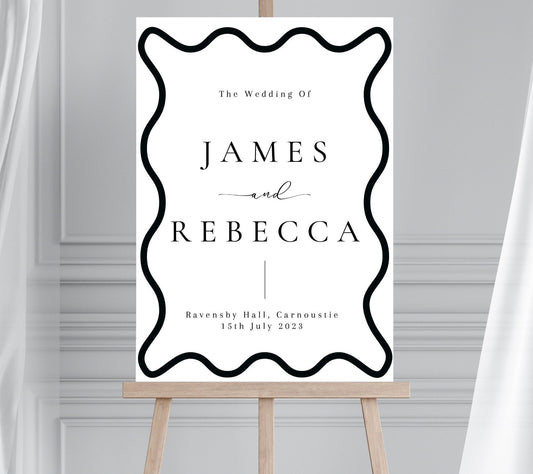 Monochrome Wave Wedding Welcome Sign, Modern Wedding Sign, Scalloped Edge Wedding Sign, Wavy Border Wedding Sign