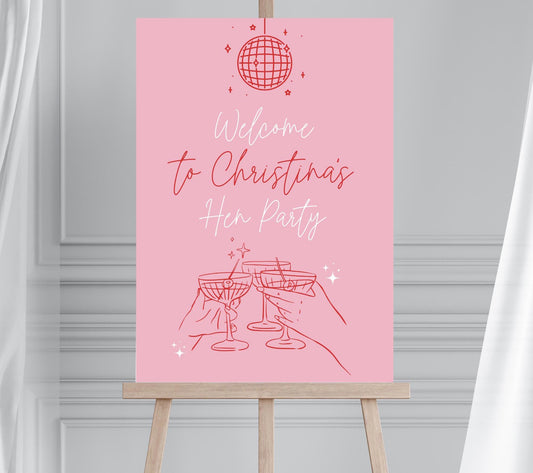 Pink and Red Hen Party Sign, Discoball Themed Hen Party, Modern Hens Party Sign, Pink Red Party Welcome Board, Large Bachelorette Sign