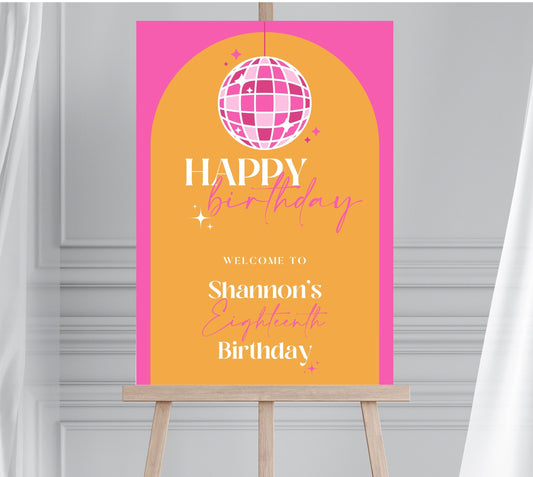 DISCO BIRTHDAY Orange and Pink Retro Hen Party Welcome Sign, Disco Bridal Shower Sign, Modern Hen Party Welcome Sign, Brides Last Disco Sign