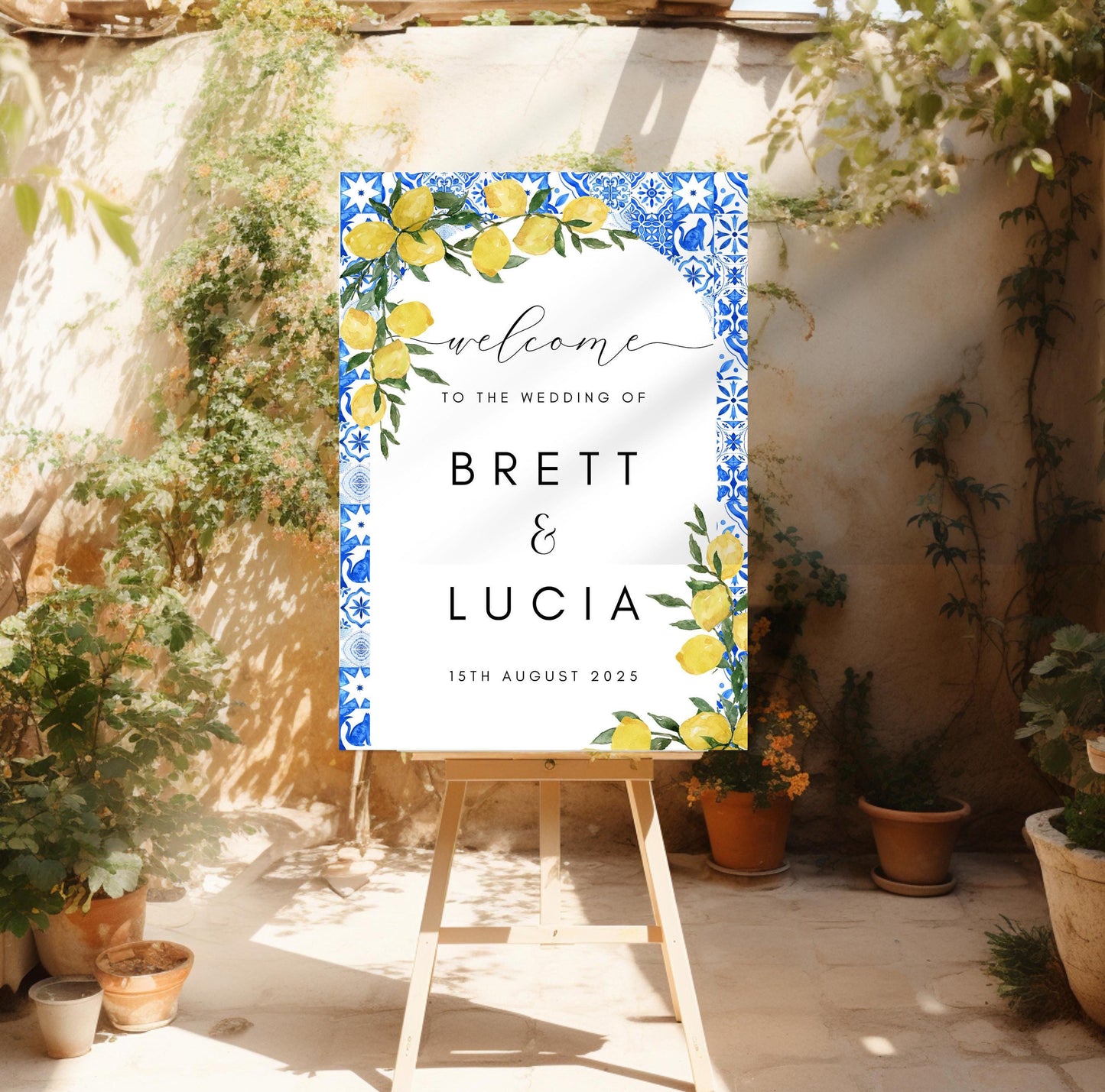 Italian Blue Tiles and Lemon Wedding Welcome Sign, Mediterranean Wedding Arched Poster, Lemon Wedding Stationery, Main Squeeze Welcome Sign