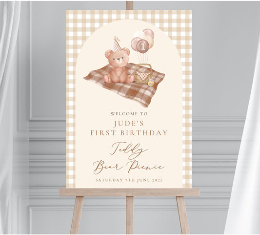 Teddy Bear Picnic Birthday Welcome Sign, Neutral Beary First Birthday Party Decor, Unisex Childrens Party Welcome Board, Large Welcome Sign
