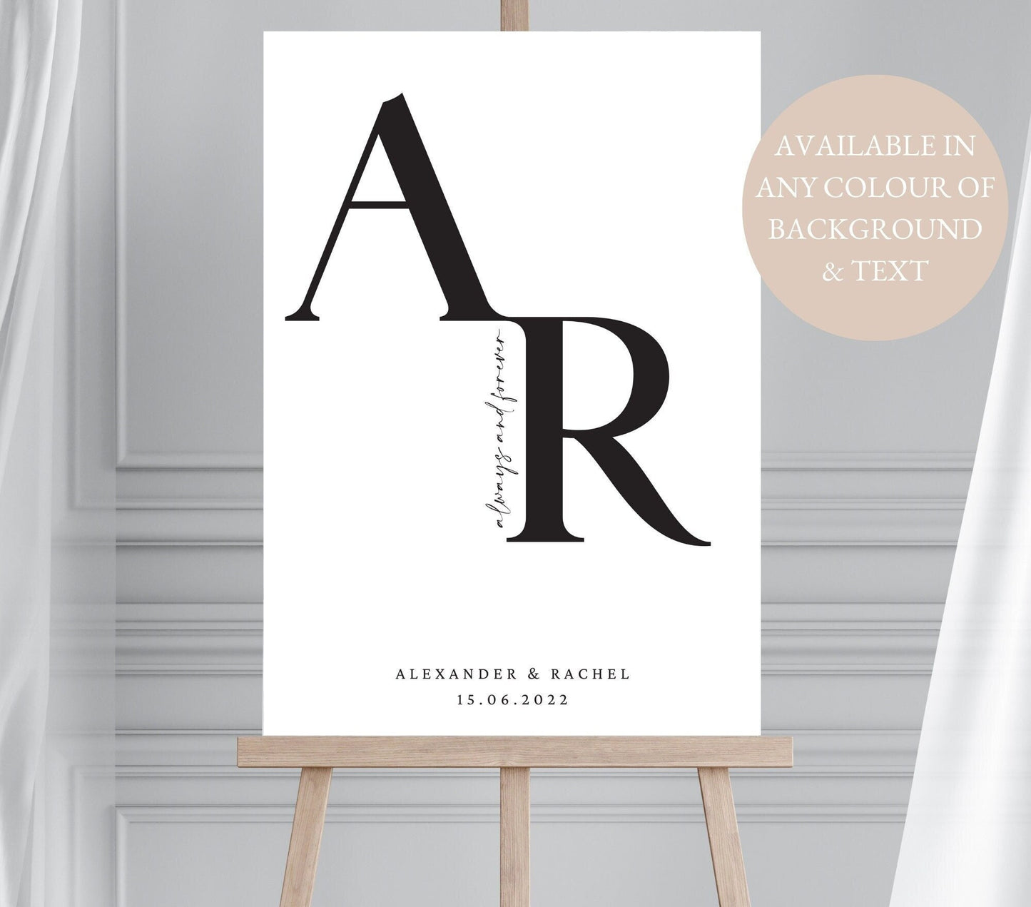 Couples Initials Black & White Wedding Welcome Sign, Minimalist Custom Initial Wedding Sign, Monogram Wedding Sign