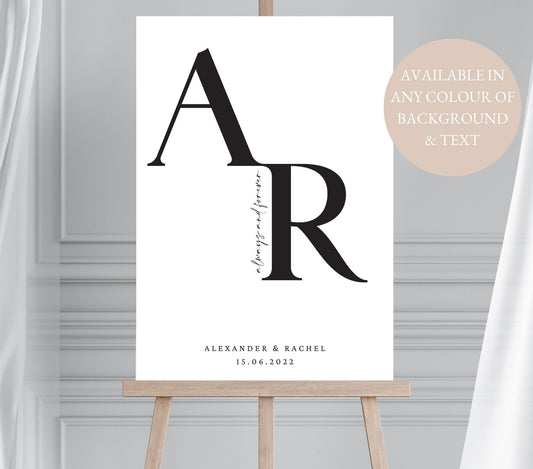 Couples Initials Black & White Wedding Welcome Sign, Minimalist Custom Initial Wedding Sign, Monogram Wedding Sign