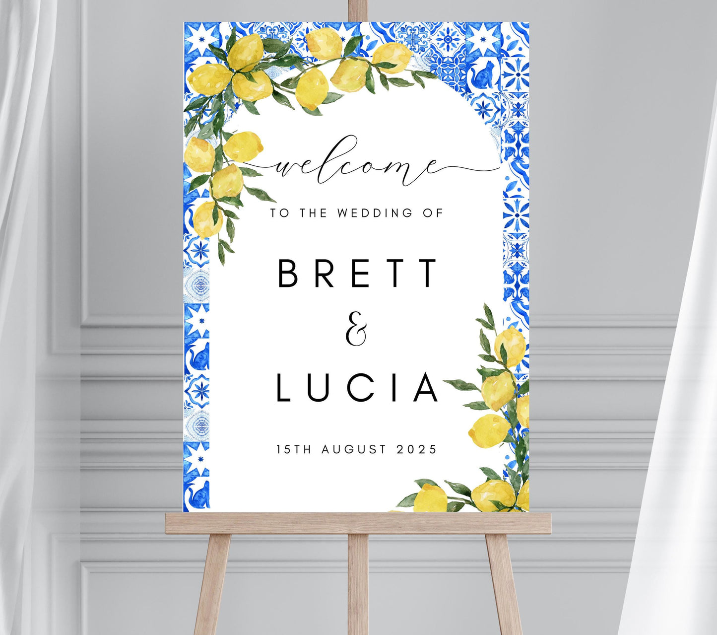 Italian Blue Tiles and Lemon Wedding Welcome Sign, Mediterranean Wedding Arched Poster, Lemon Wedding Stationery, Main Squeeze Welcome Sign