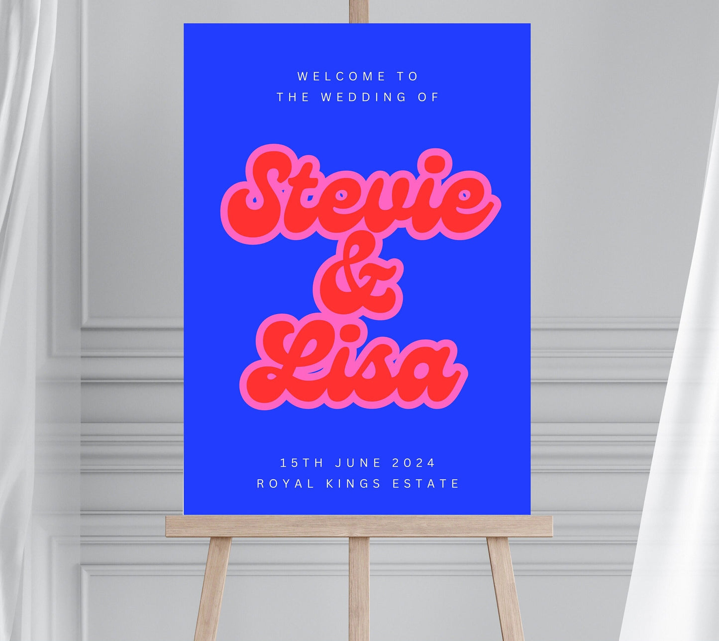Retro Style Red and Pink Wedding Welcome Sign, Groovy 70s Wedding Sign, Electric Blue Disco Wedding Sign, Neon Blue Disco Hen Party Sign