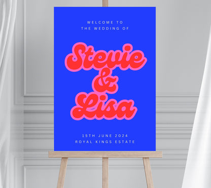 Retro Style Red and Pink Wedding Welcome Sign, Groovy 70s Wedding Sign, Electric Blue Disco Wedding Sign, Neon Blue Disco Hen Party Sign