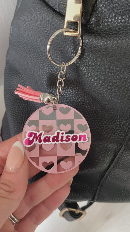 Heart Checkerboard Personalised Acrylic Name Keyring - 50mm Custom Bag Charm - With or Without Tassel - Gift for Her, Birthday Favour